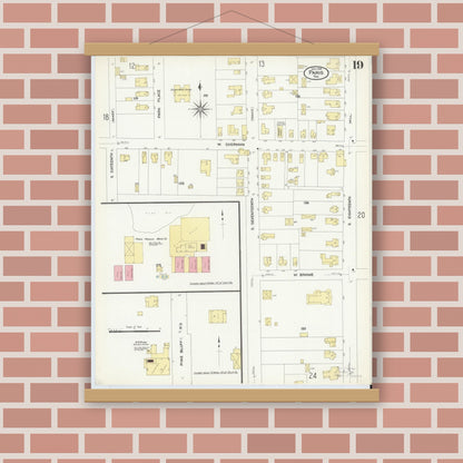 Old map wall art mockup — magnetic wood frame on brick wall — Sanborn Fire Insurance Map from Paris, Lamar County, Texas (1908), Sheet #0019