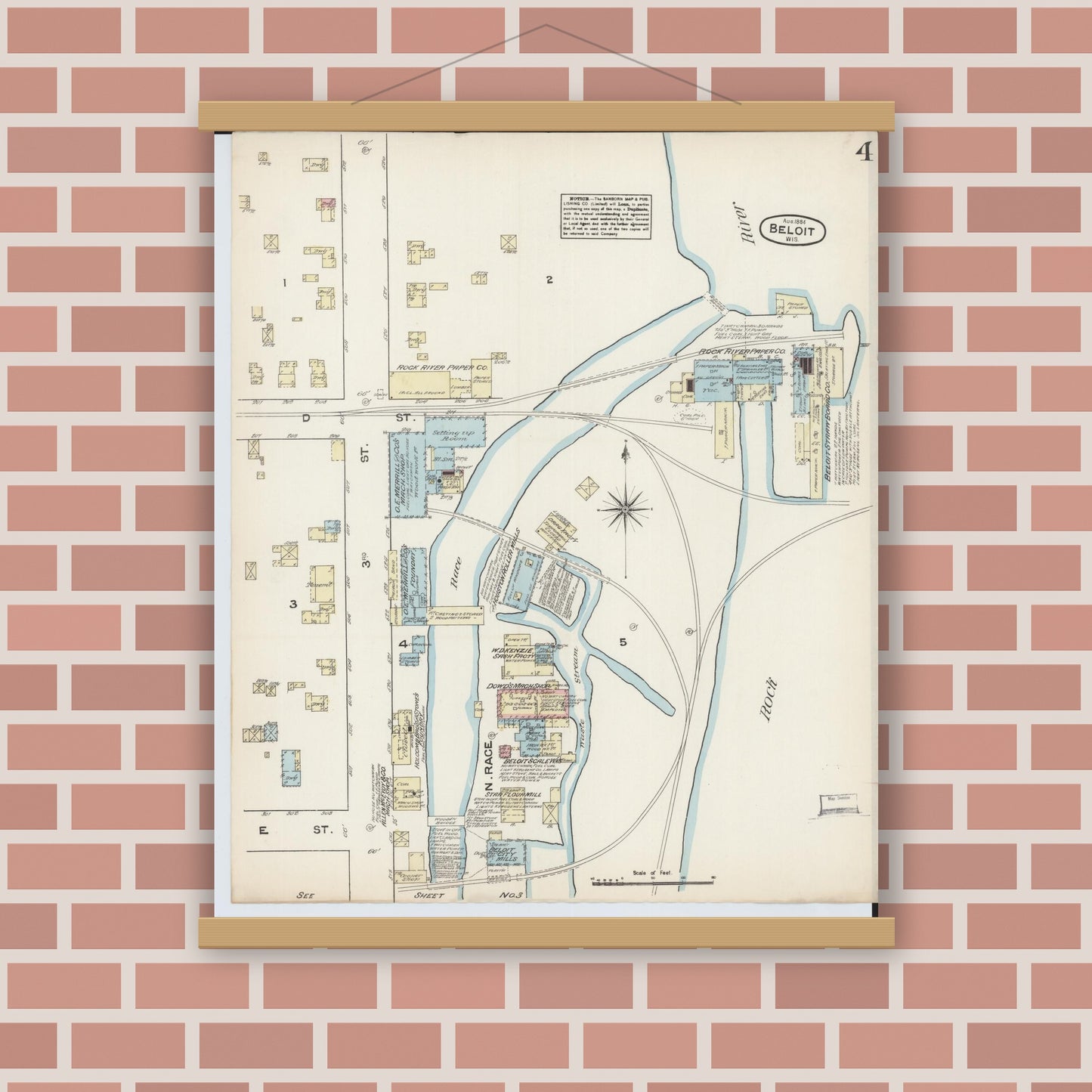 Old map wall art mockup — magnetic wood frame on brick wall — Sanborn Fire Insurance Map from Beloit, Rock County, Wisconsin (1884), Sheet #0004