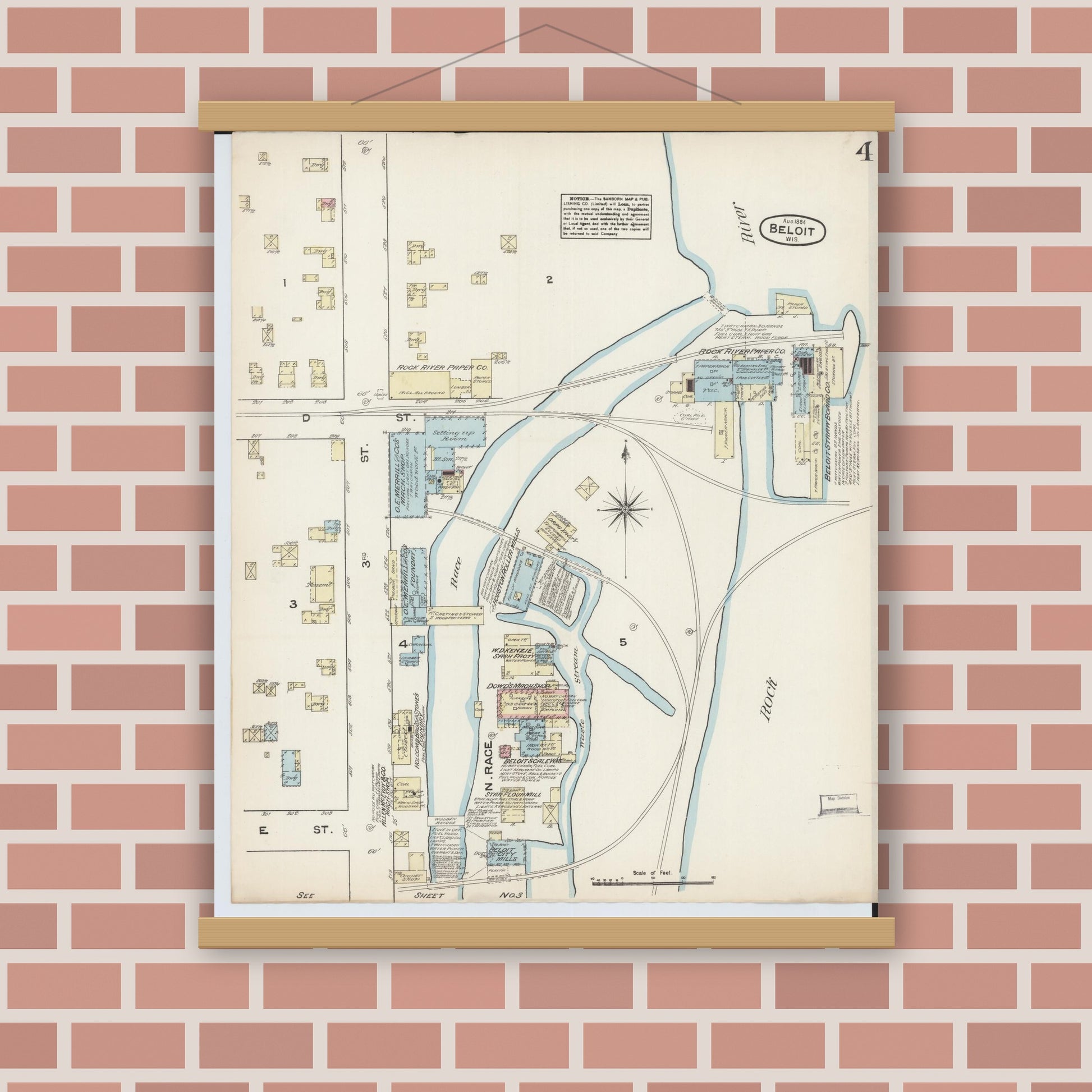 Old map wall art mockup — magnetic wood frame on brick wall — Sanborn Fire Insurance Map from Beloit, Rock County, Wisconsin (1884), Sheet #0004