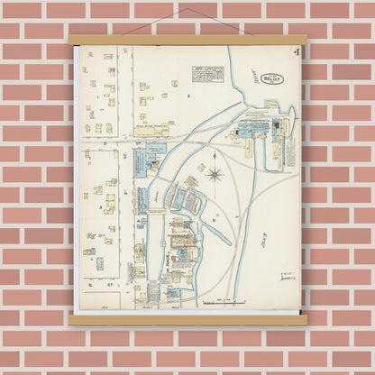 Old map wall art mockup — magnetic wood frame on brick wall — Sanborn Fire Insurance Map from Beloit, Rock County, Wisconsin (1884), Sheet #0004