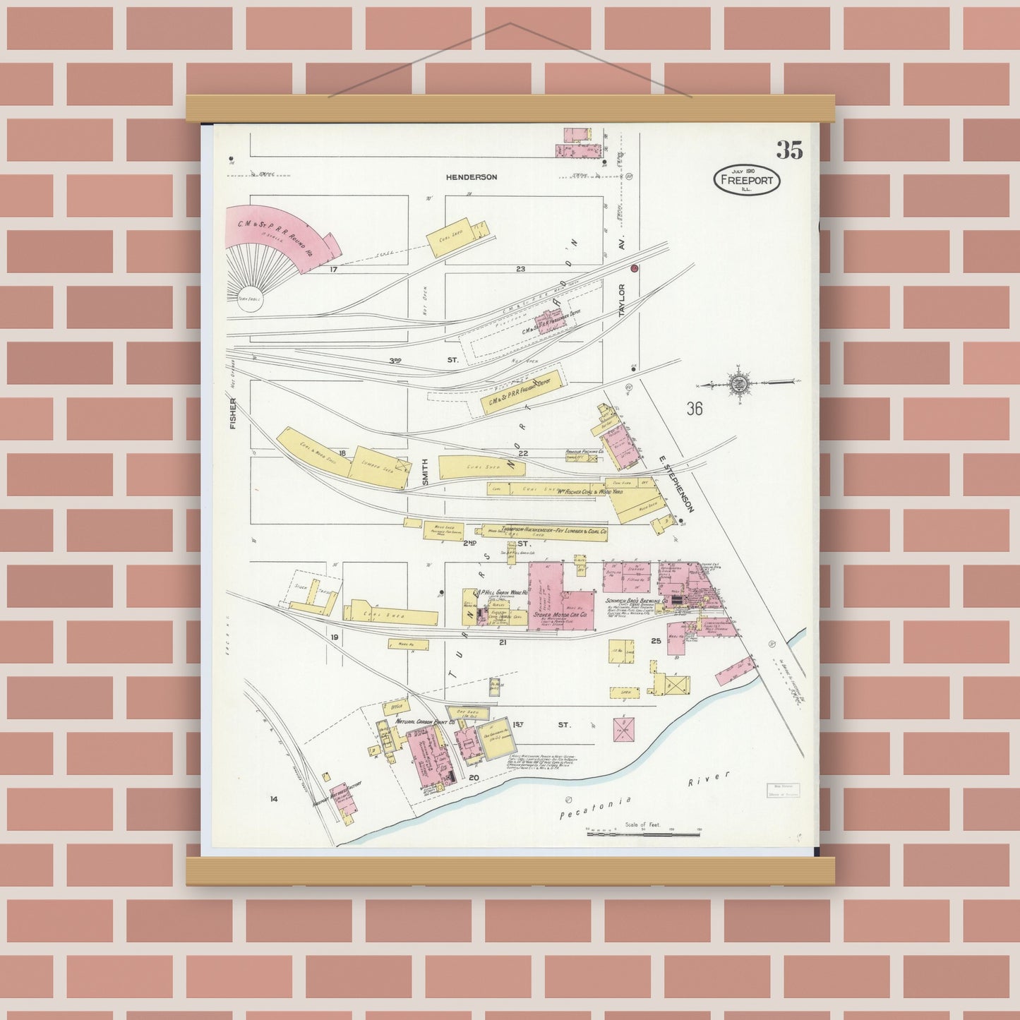Old map wall art mockup — magnetic wood frame on brick wall — Sanborn Fire Insurance Map from Freeport, Stephenson County, Illinois (1910), Sheet #0035