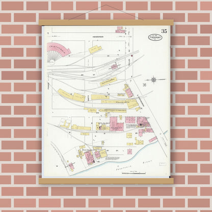 Old map wall art mockup — magnetic wood frame on brick wall — Sanborn Fire Insurance Map from Freeport, Stephenson County, Illinois (1910), Sheet #0035