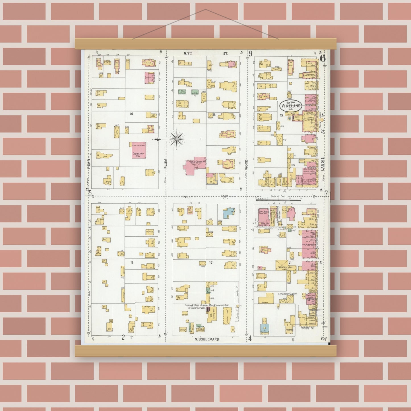Old map wall art mockup — magnetic wood frame on brick wall — Sanborn Fire Insurance Map from Vineland, Cumberland County, New Jersey (1900), Sheet #0006