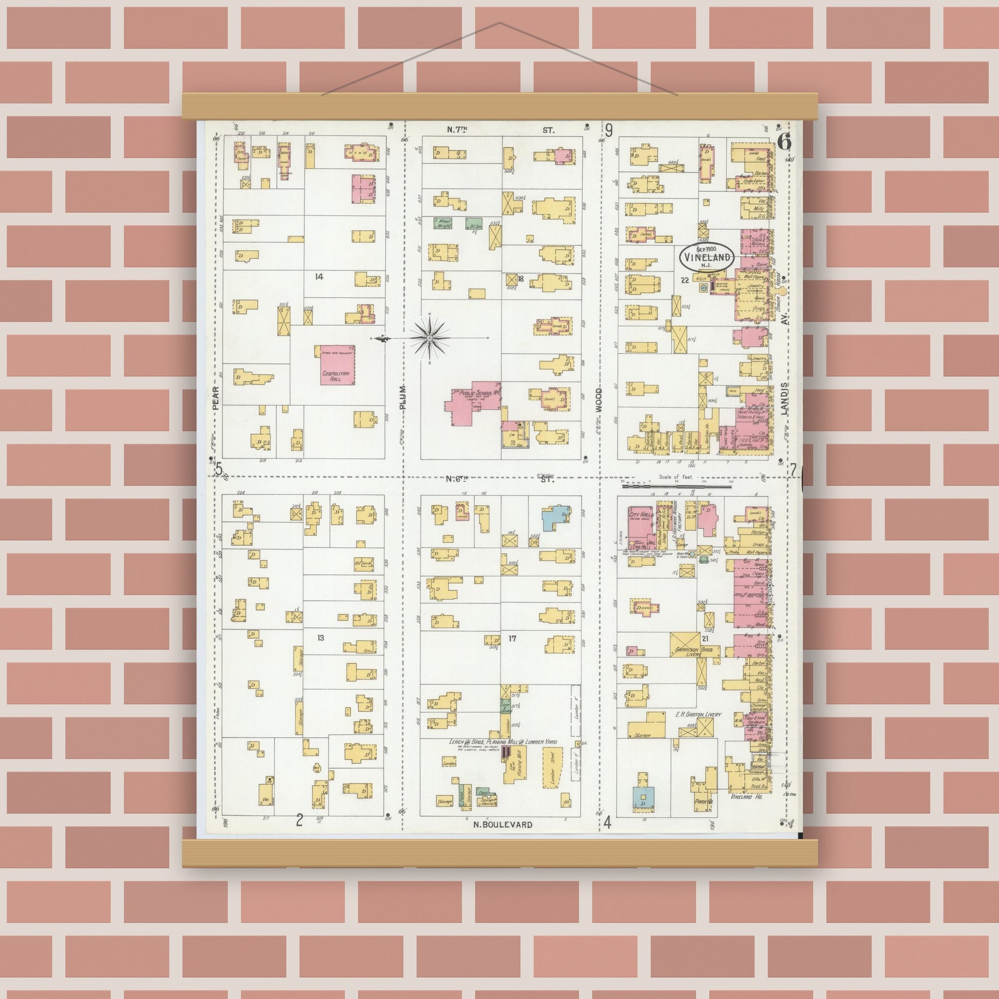 Old map wall art mockup — magnetic wood frame on brick wall — Sanborn Fire Insurance Map from Vineland, Cumberland County, New Jersey (1900), Sheet #0006