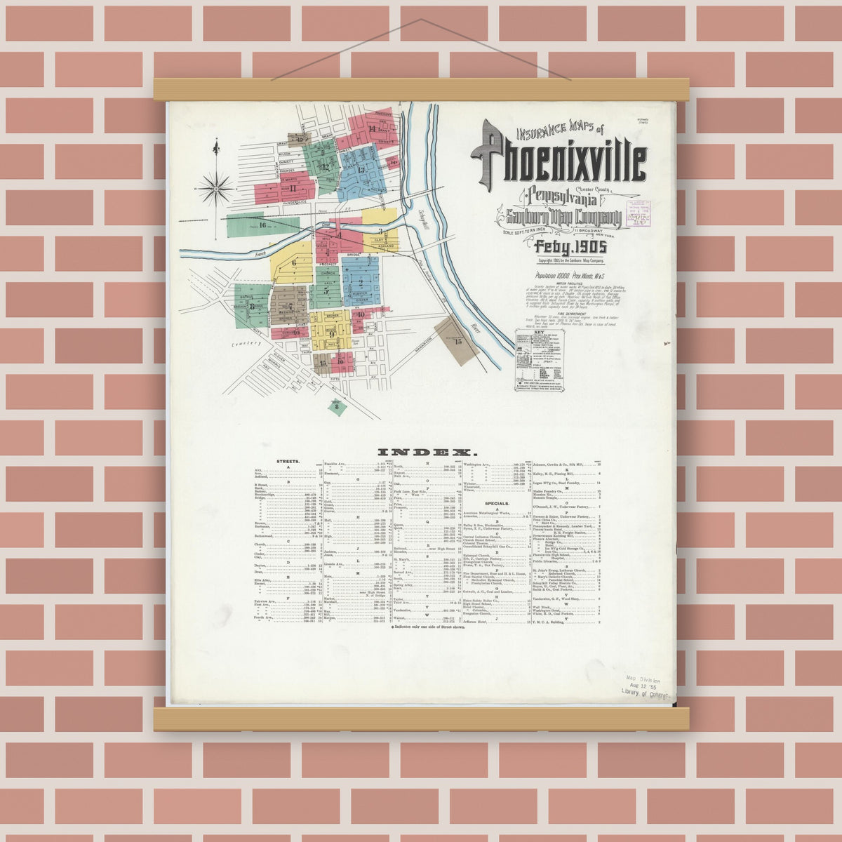 Old map wall art mockup — magnetic wood frame on brick wall — Sanborn Fire Insurance Map from Phoenixville, Chester County, Pennsylvania (1906) - Complete Map Set