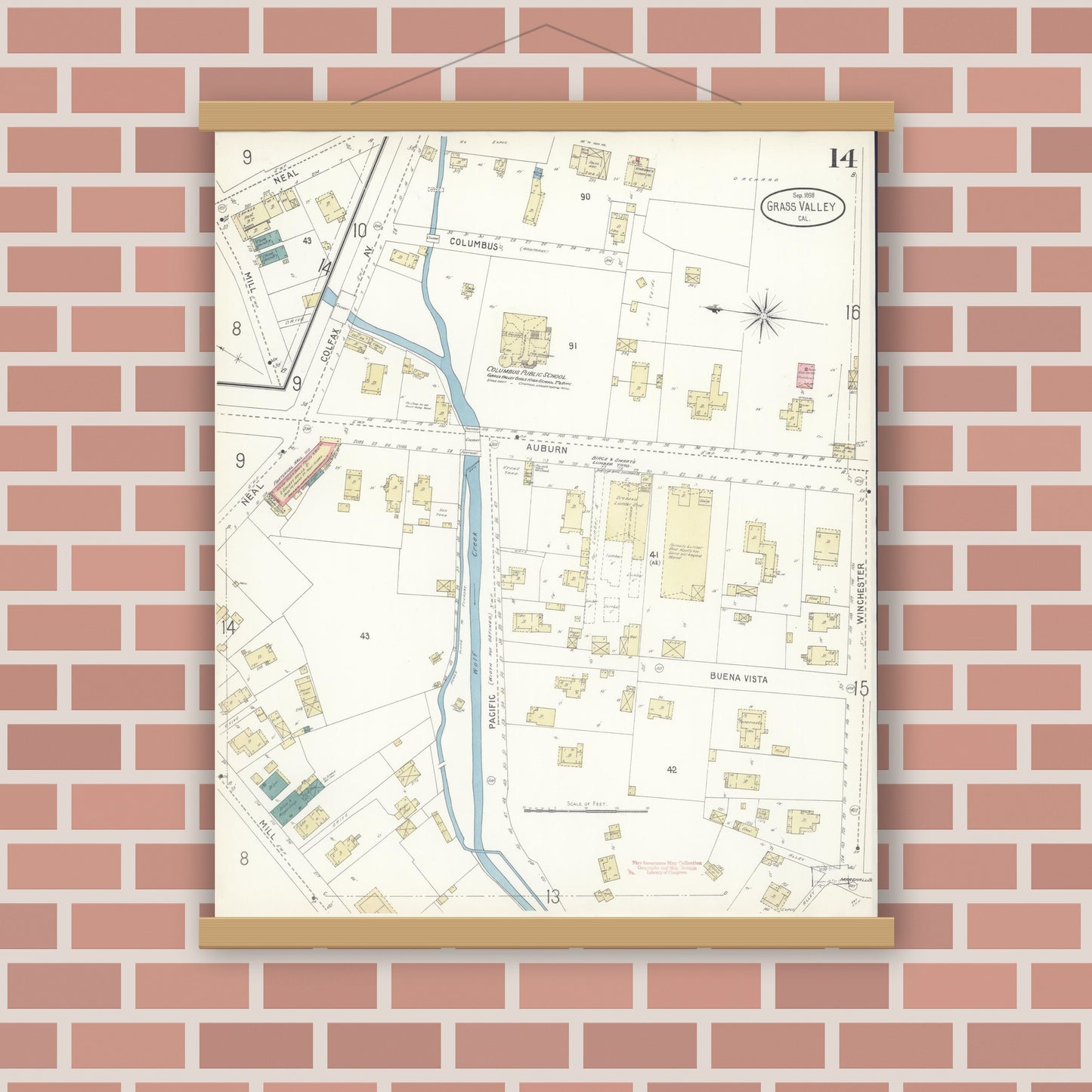 Old map wall art mockup — magnetic wood frame on brick wall — Sanborn Fire Insurance Map from Grass Valley, Nevada County, California (1898), Sheet #0014