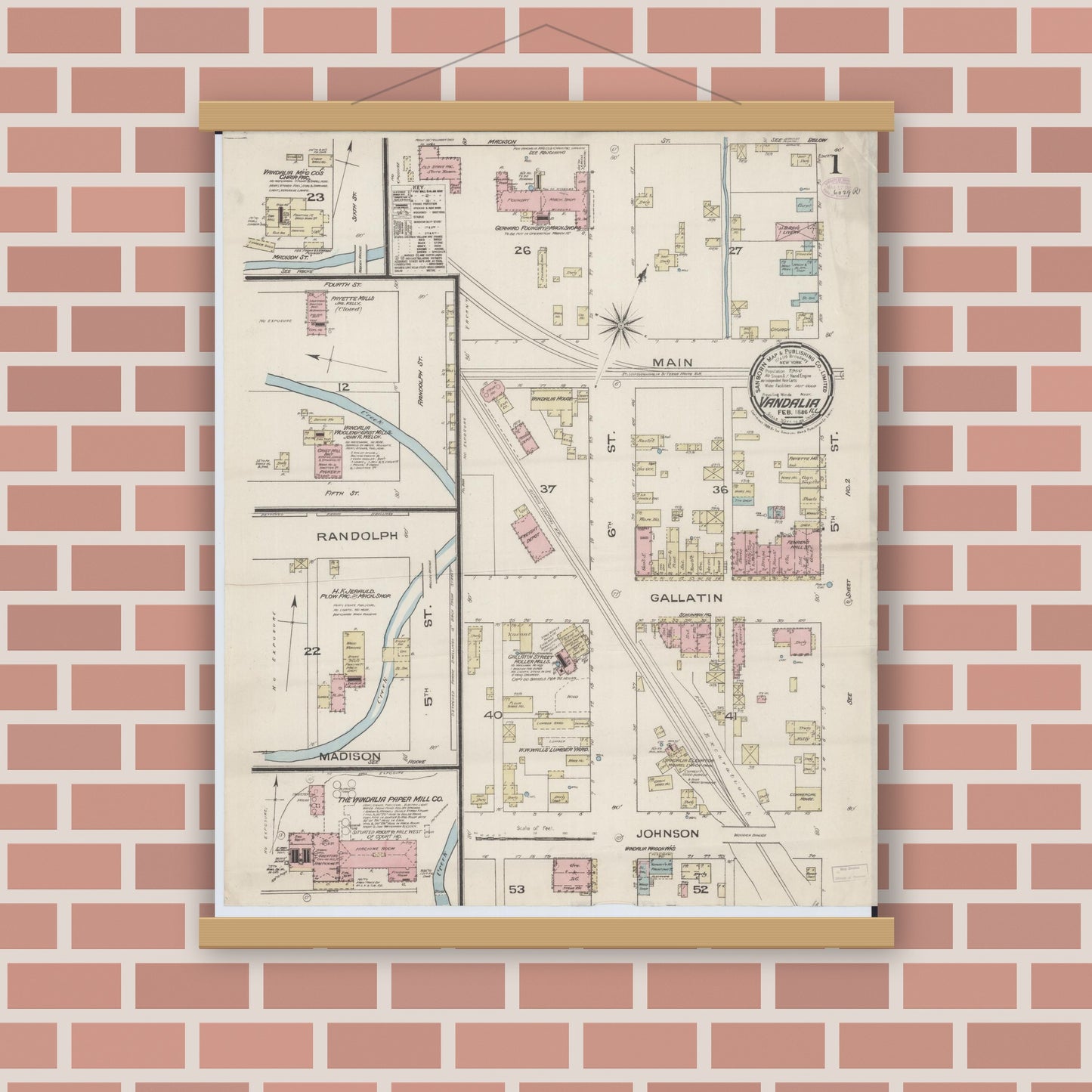 Old map wall art mockup — magnetic wood frame on brick wall — Sanborn Fire Insurance Map from Vandalia, Fayette County, Illinois (1886), Sheet #0001
