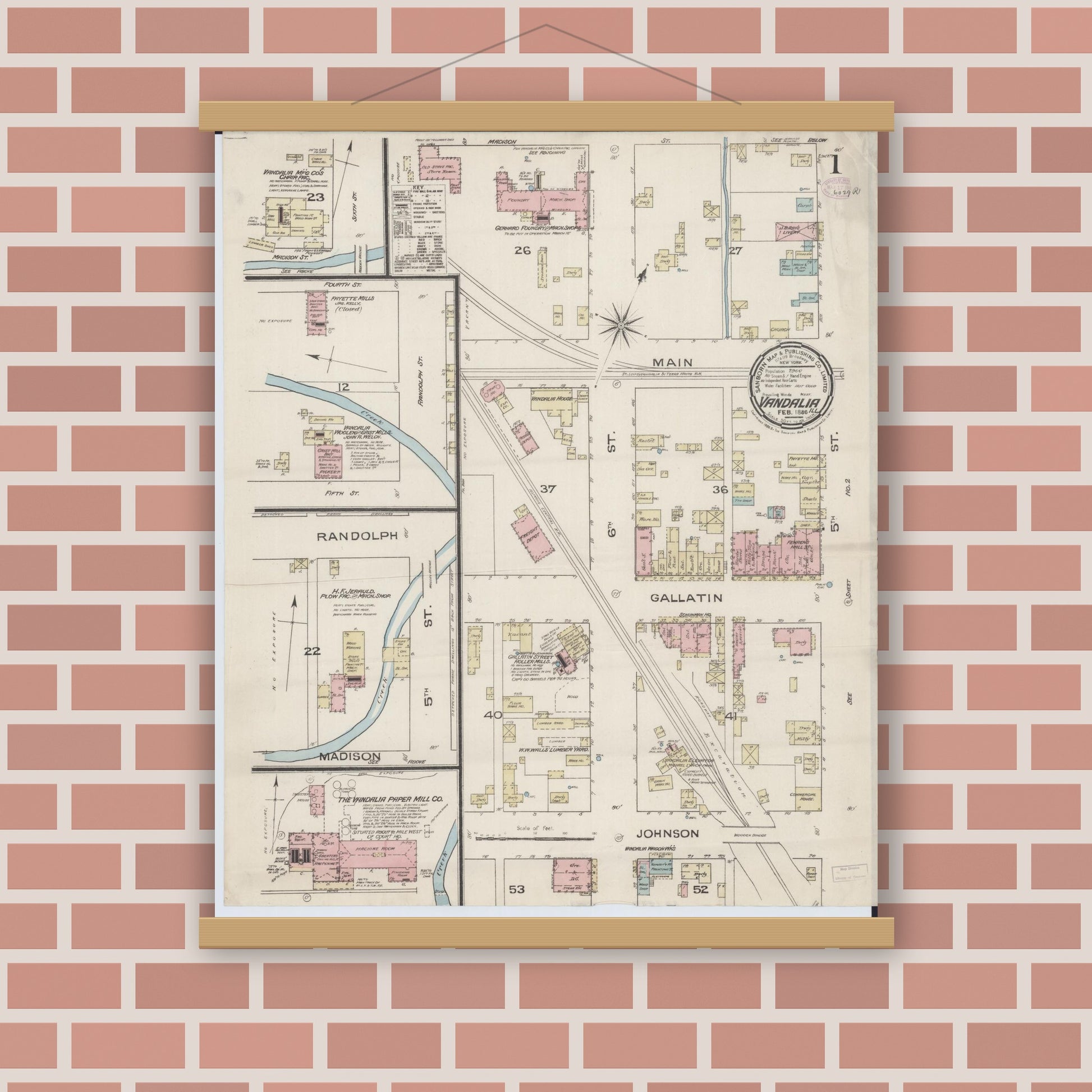 Old map wall art mockup — magnetic wood frame on brick wall — Sanborn Fire Insurance Map from Vandalia, Fayette County, Illinois (1886), Sheet #0001
