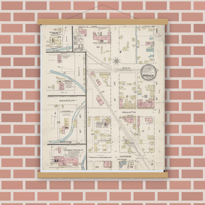 Old map wall art mockup — magnetic wood frame on brick wall — Sanborn Fire Insurance Map from Vandalia, Fayette County, Illinois (1886), Sheet #0001