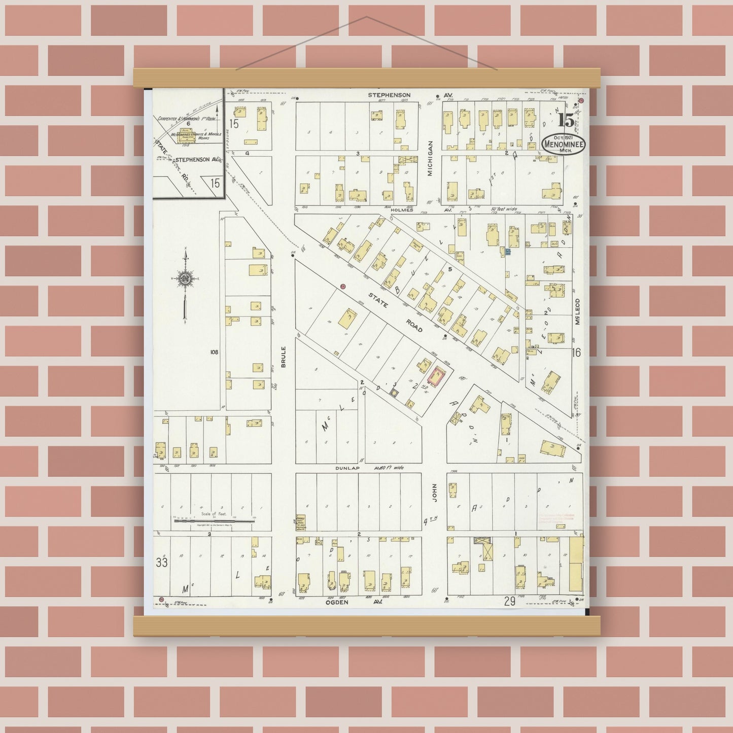 Old map wall art mockup — magnetic wood frame on brick wall — Sanborn Fire Insurance Map from Menominee, Menominee County, Michigan (1921), Sheet #0015