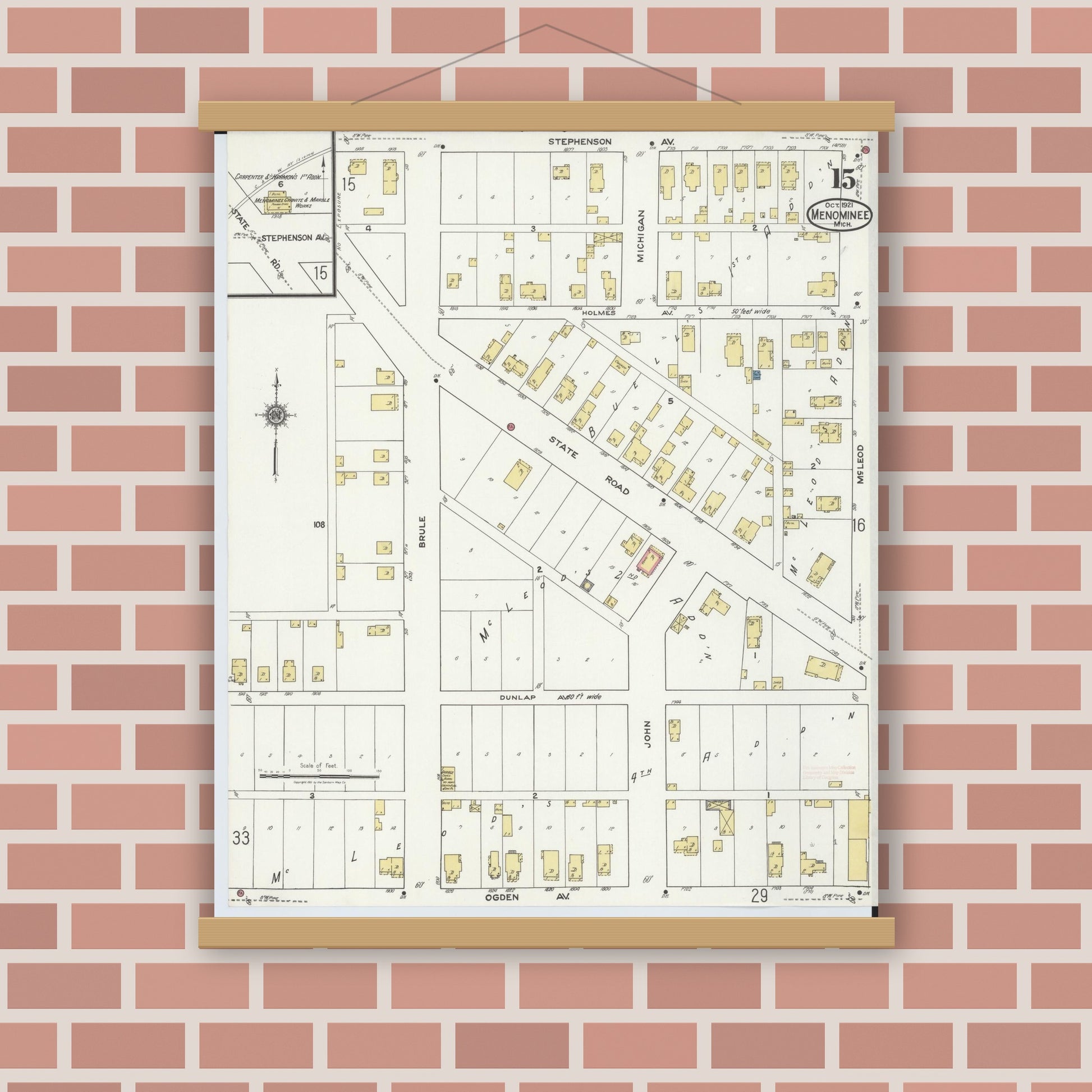 Old map wall art mockup — magnetic wood frame on brick wall — Sanborn Fire Insurance Map from Menominee, Menominee County, Michigan (1921), Sheet #0015