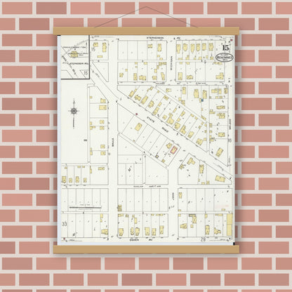 Old map wall art mockup — magnetic wood frame on brick wall — Sanborn Fire Insurance Map from Menominee, Menominee County, Michigan (1921), Sheet #0015