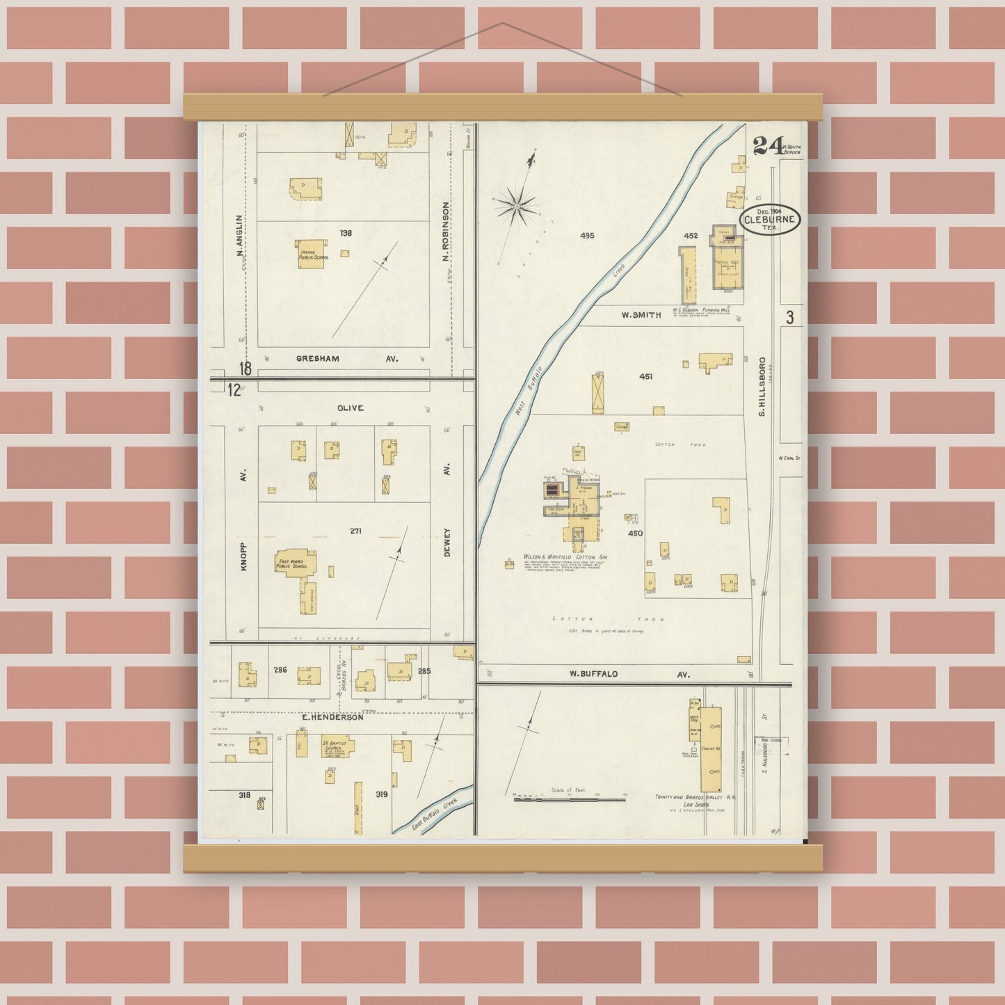 Old map wall art mockup — magnetic wood frame on brick wall — Sanborn Fire Insurance Map from Cleburne, Johnson County, Texas (1904), Sheet #0024