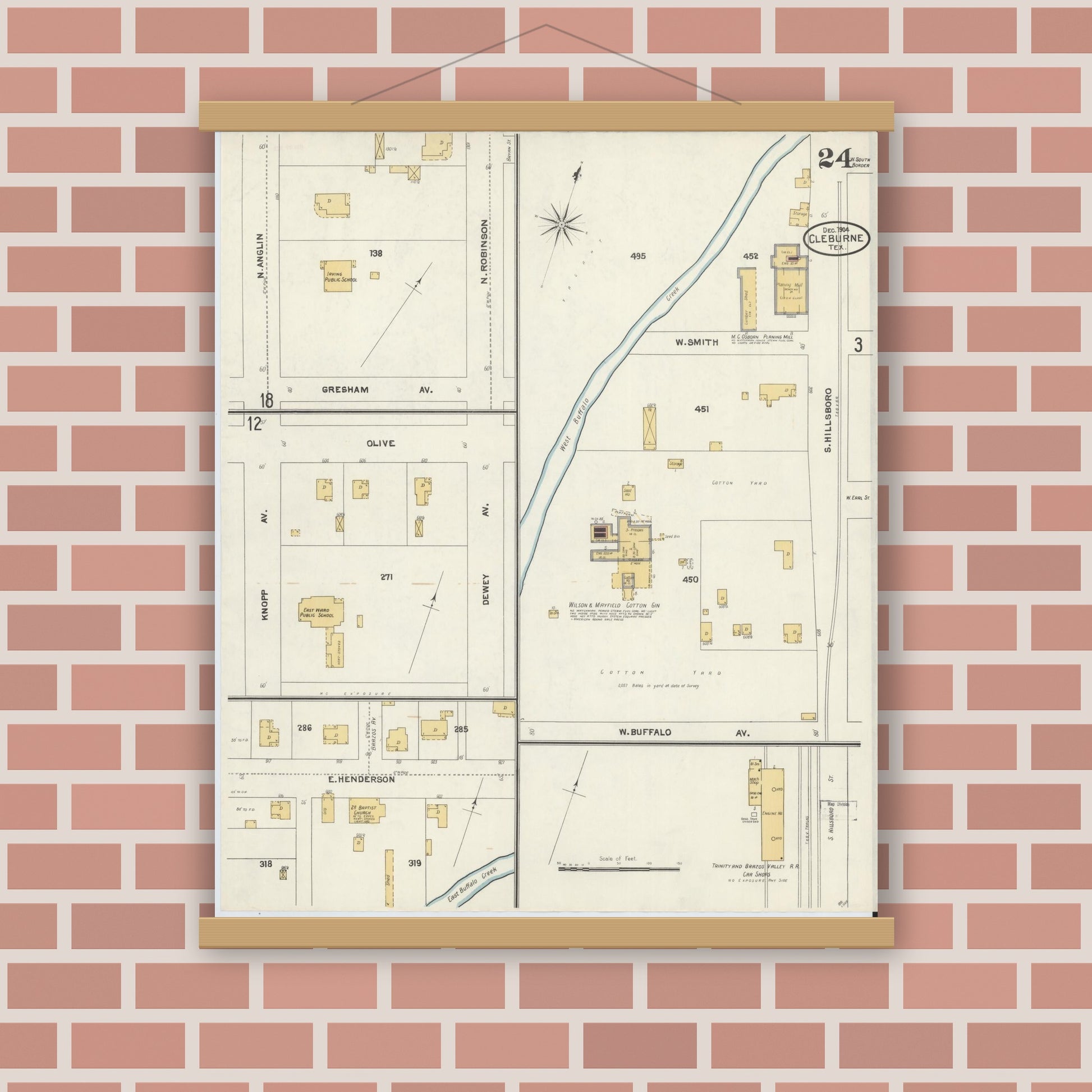 Old map wall art mockup — magnetic wood frame on brick wall — Sanborn Fire Insurance Map from Cleburne, Johnson County, Texas (1904), Sheet #0024