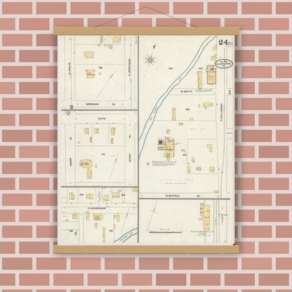 Old map wall art mockup — magnetic wood frame on brick wall — Sanborn Fire Insurance Map from Cleburne, Johnson County, Texas (1904), Sheet #0024