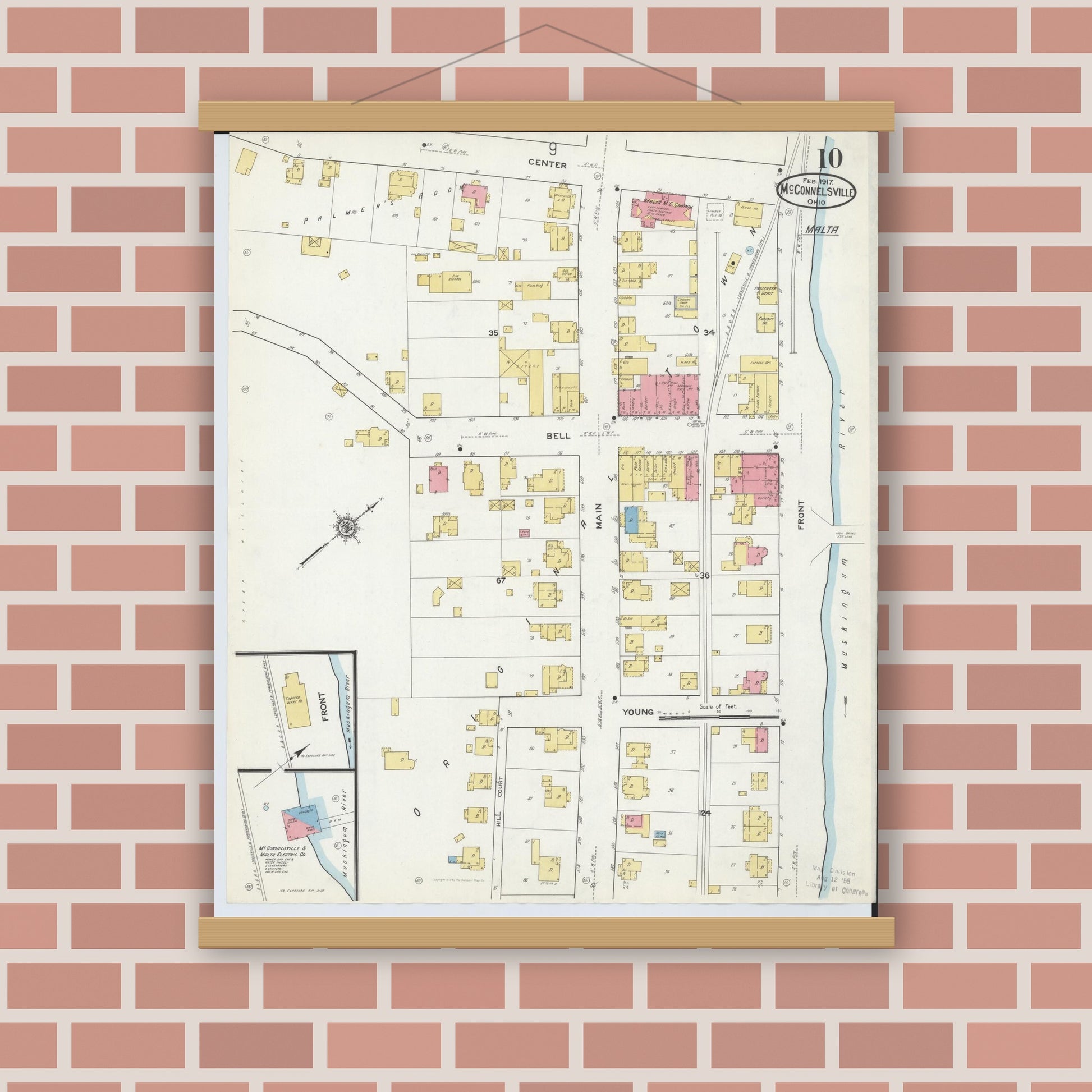 Old map wall art mockup — magnetic wood frame on brick wall — Sanborn Fire Insurance Map from McConnelsville, Morgan County, Ohio (1917), Sheet #0010