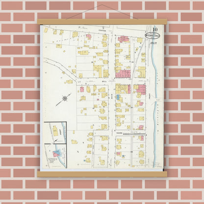 Old map wall art mockup — magnetic wood frame on brick wall — Sanborn Fire Insurance Map from McConnelsville, Morgan County, Ohio (1917), Sheet #0010