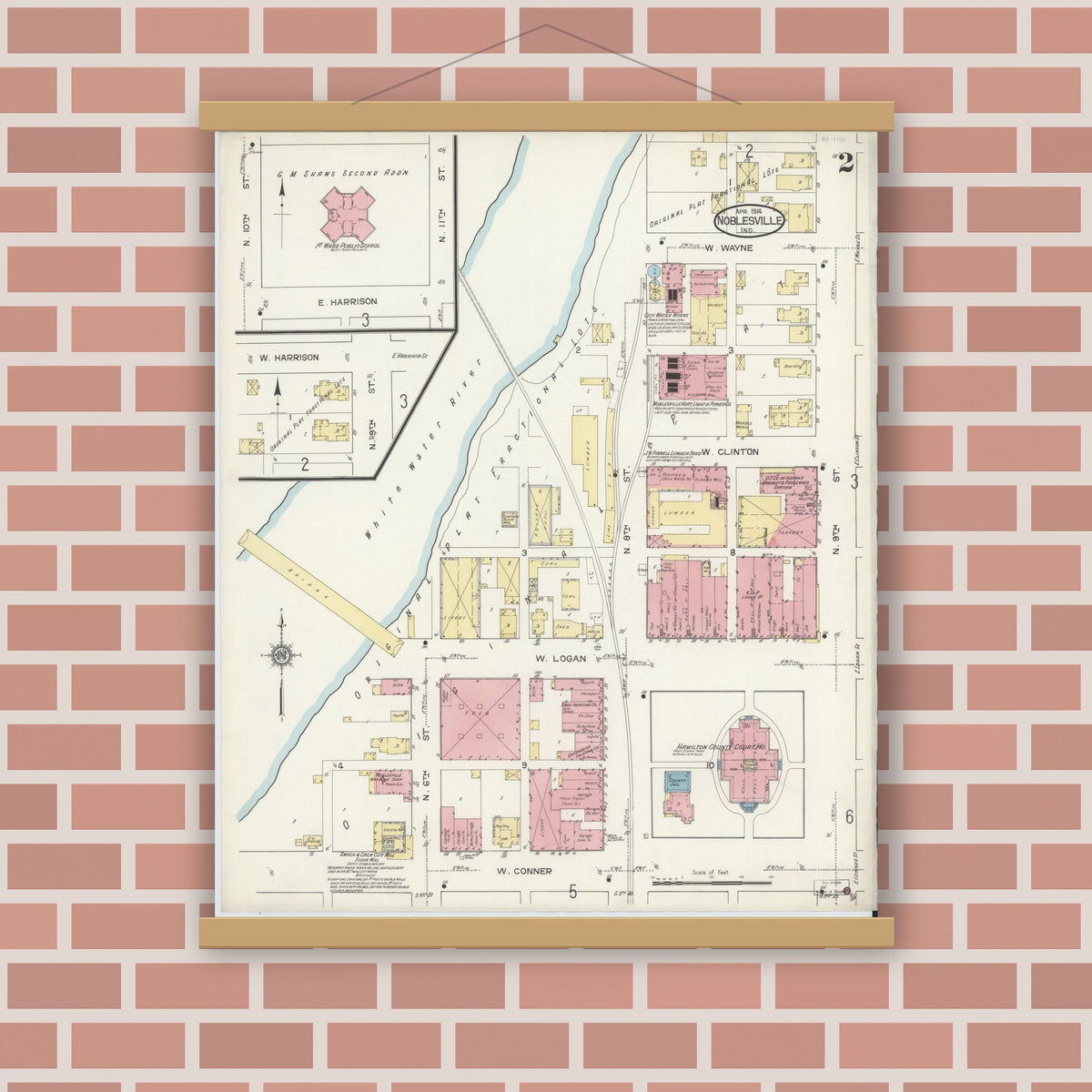 Old map wall art mockup — magnetic wood frame on brick wall — Sanborn Fire Insurance Map from Noblesville, Hamilton County, Indiana (1914), Sheet #0002
