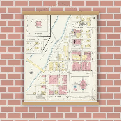 Old map wall art mockup — magnetic wood frame on brick wall — Sanborn Fire Insurance Map from Noblesville, Hamilton County, Indiana (1914), Sheet #0002