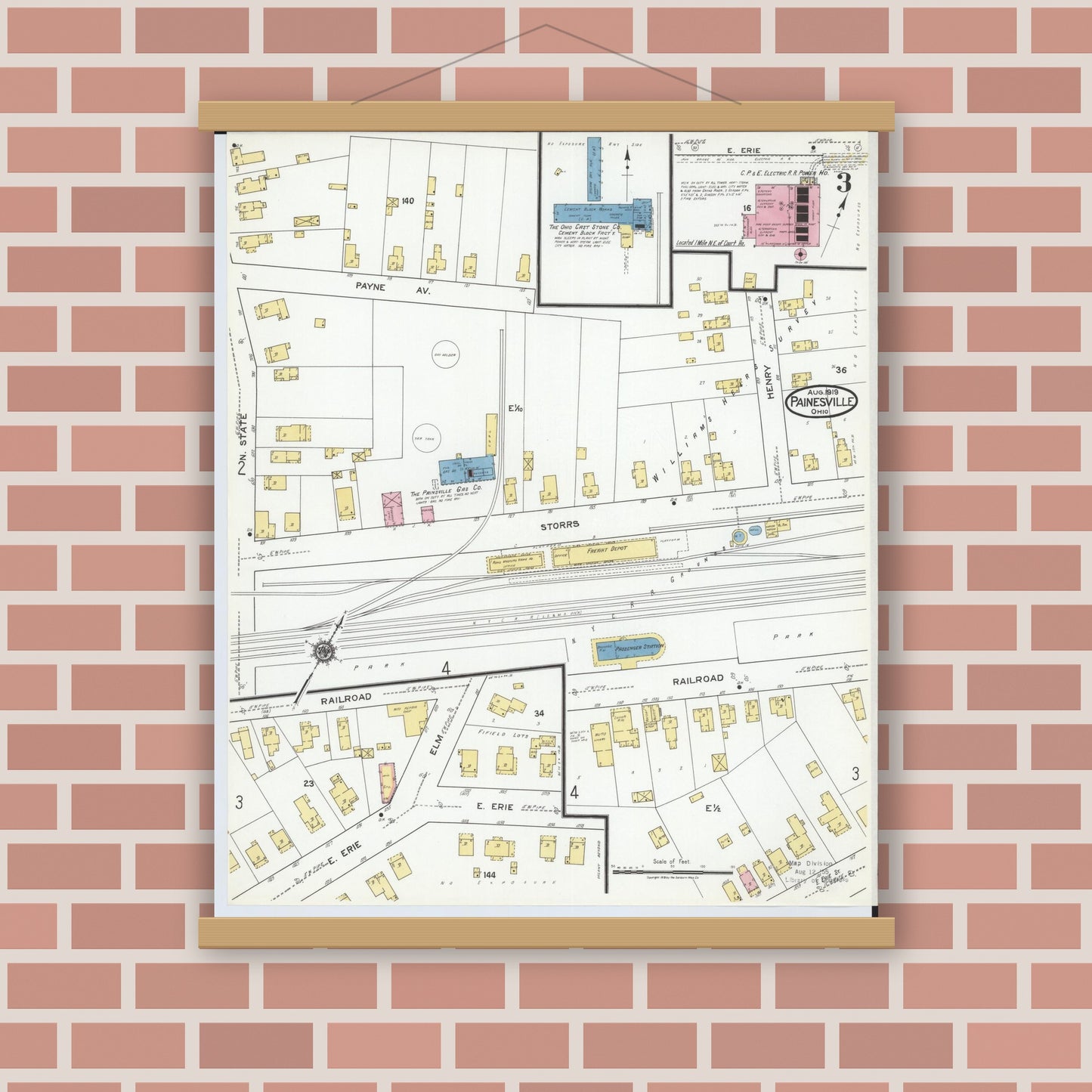 Old map wall art mockup — magnetic wood frame on brick wall — Sanborn Fire Insurance Map from Painesville, Lake County, Ohio (1919), Sheet #0003