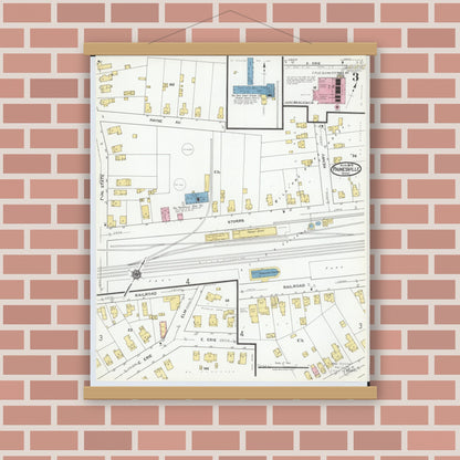 Old map wall art mockup — magnetic wood frame on brick wall — Sanborn Fire Insurance Map from Painesville, Lake County, Ohio (1919), Sheet #0003