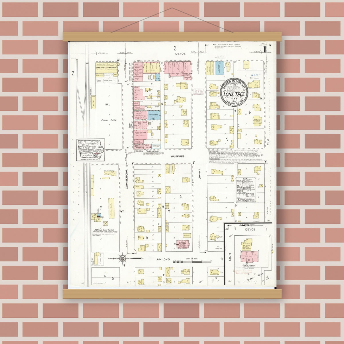 Old map wall art mockup — magnetic wood frame on brick wall — Sanborn Fire Insurance Map from Lone Tree, Johnson County, Iowa (1914) â€” Complete Set