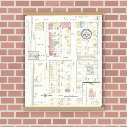 Old map wall art mockup — magnetic wood frame on brick wall — Sanborn Fire Insurance Map from Lone Tree, Johnson County, Iowa (1914) â€” Complete Set