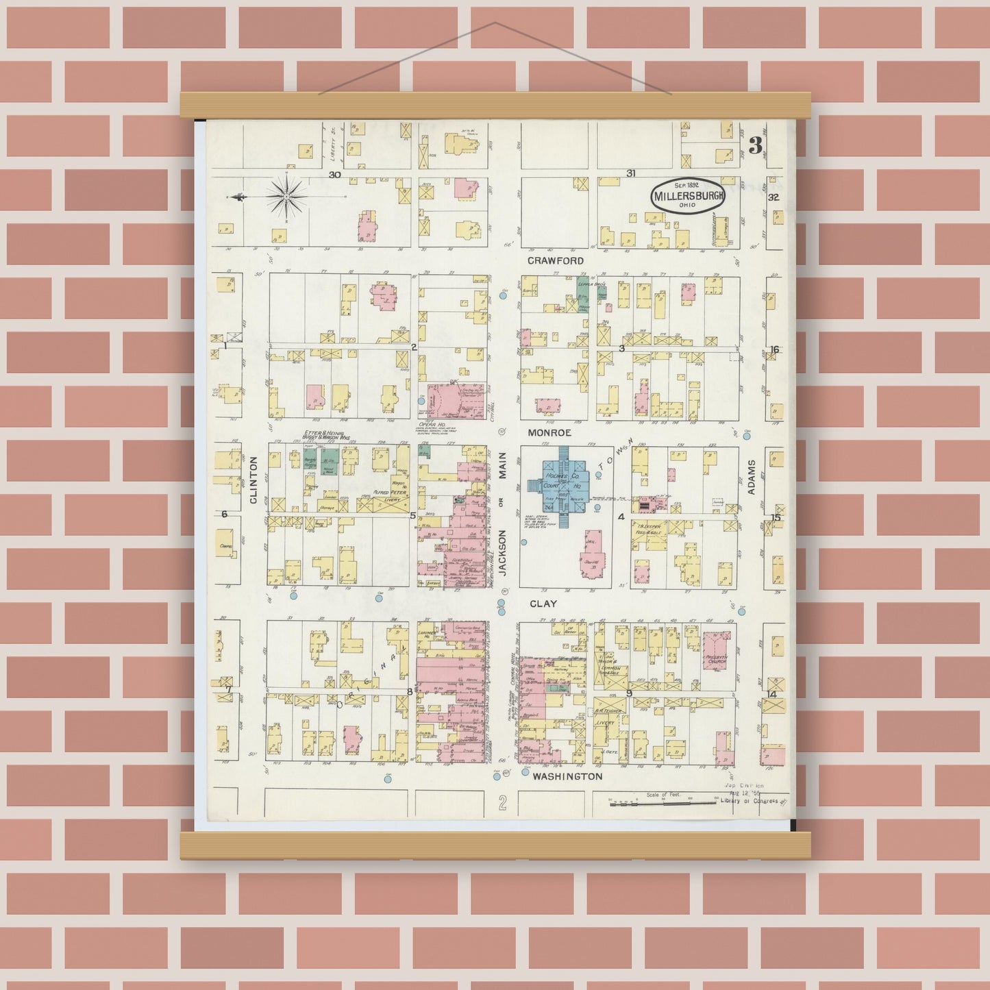 Old map wall art mockup — magnetic wood frame on brick wall — Sanborn Fire Insurance Map from Millersburg, Holmes County, Ohio (1892), Sheet #0003