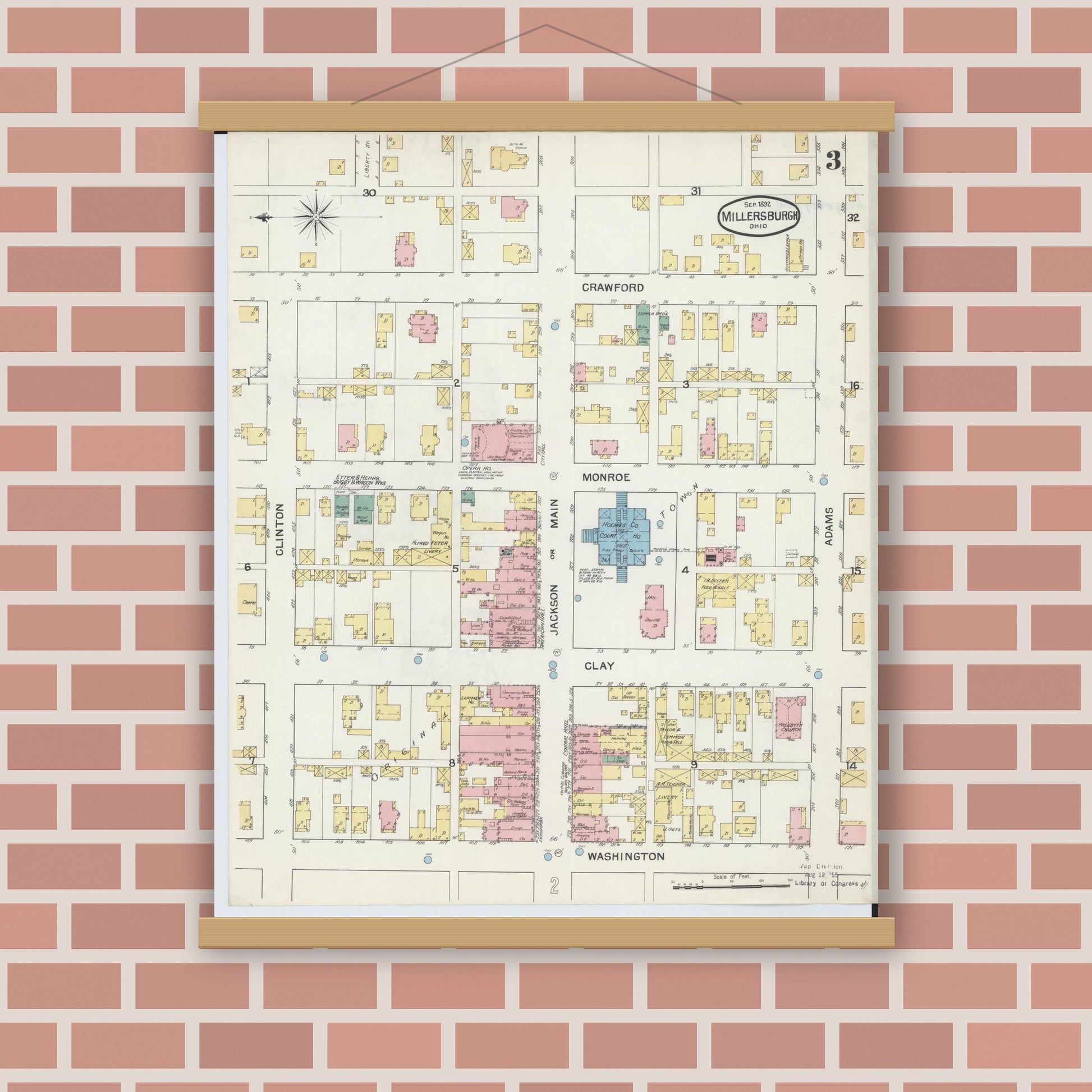 Old map wall art mockup — magnetic wood frame on brick wall — Sanborn Fire Insurance Map from Millersburg, Holmes County, Ohio (1892), Sheet #0003
