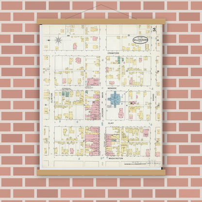Old map wall art mockup — magnetic wood frame on brick wall — Sanborn Fire Insurance Map from Millersburg, Holmes County, Ohio (1892), Sheet #0003