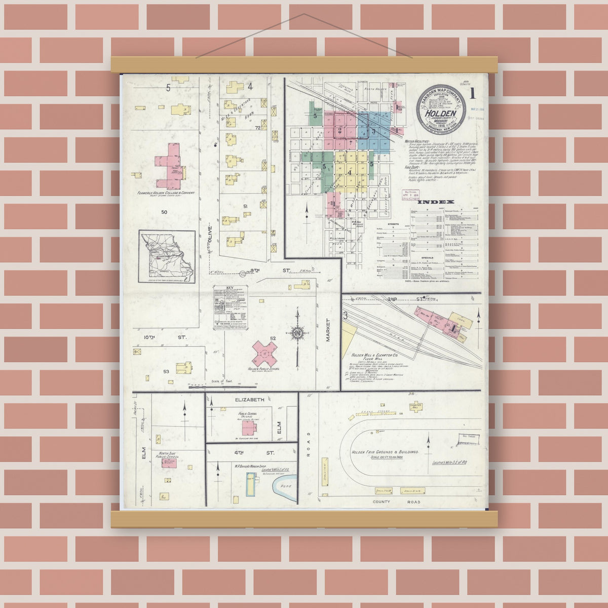 Old map wall art mockup — magnetic wood frame on brick wall — Sanborn Fire Insurance Map from Holden, Johnson County, Missouri (1914) - Complete Map Set