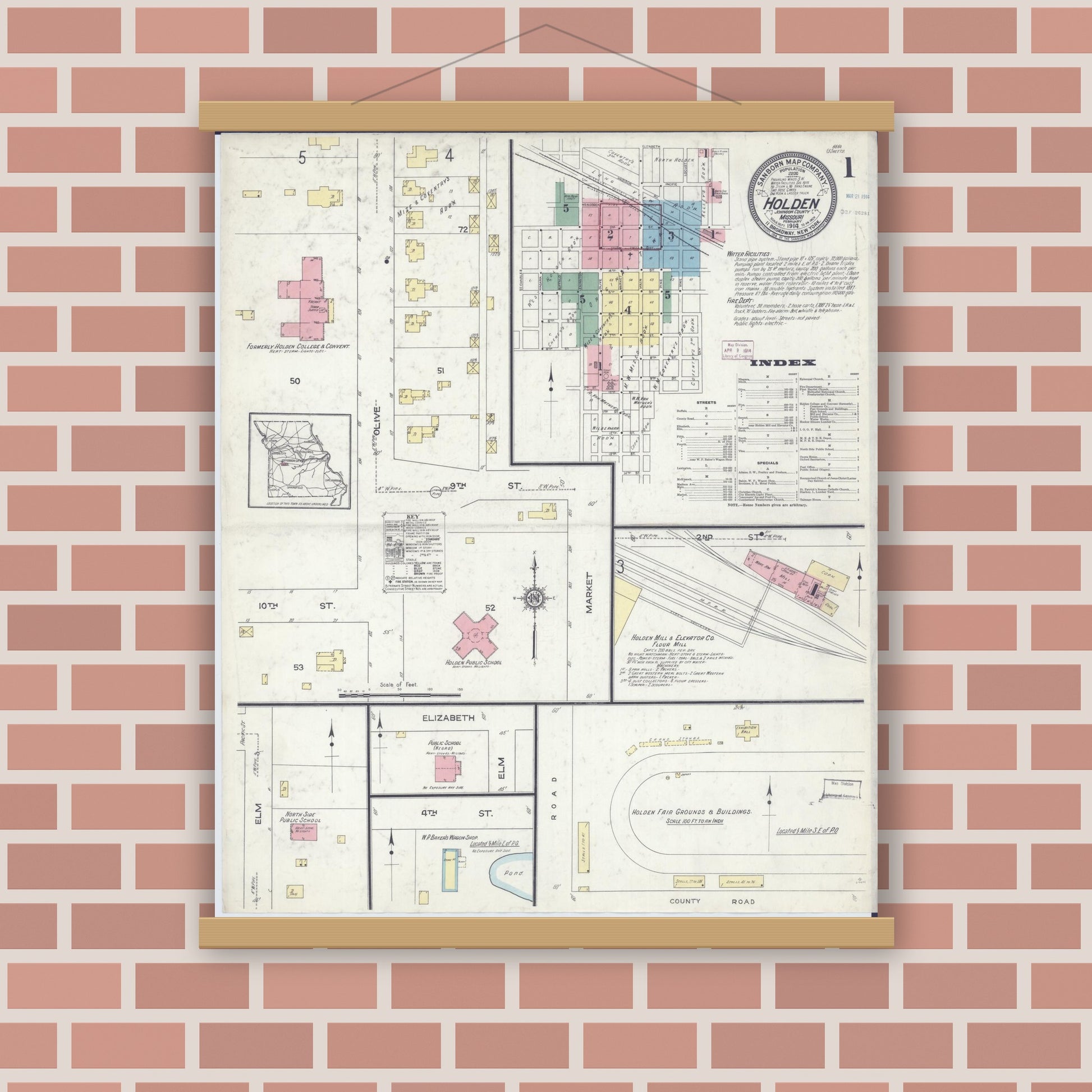 Old map wall art mockup — magnetic wood frame on brick wall — Sanborn Fire Insurance Map from Holden, Johnson County, Missouri (1914) - Complete Map Set