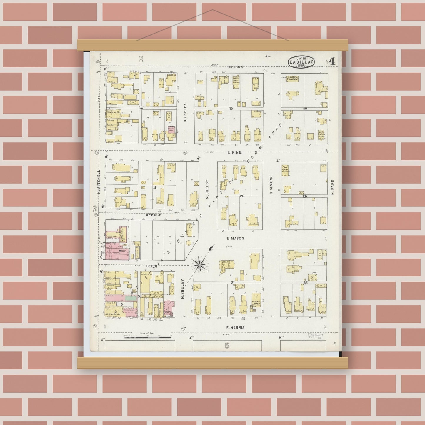 Old map wall art mockup — magnetic wood frame on brick wall — Sanborn Fire Insurance Map from Cadillac, Wexford County, Michigan (1895), Sheet #0004