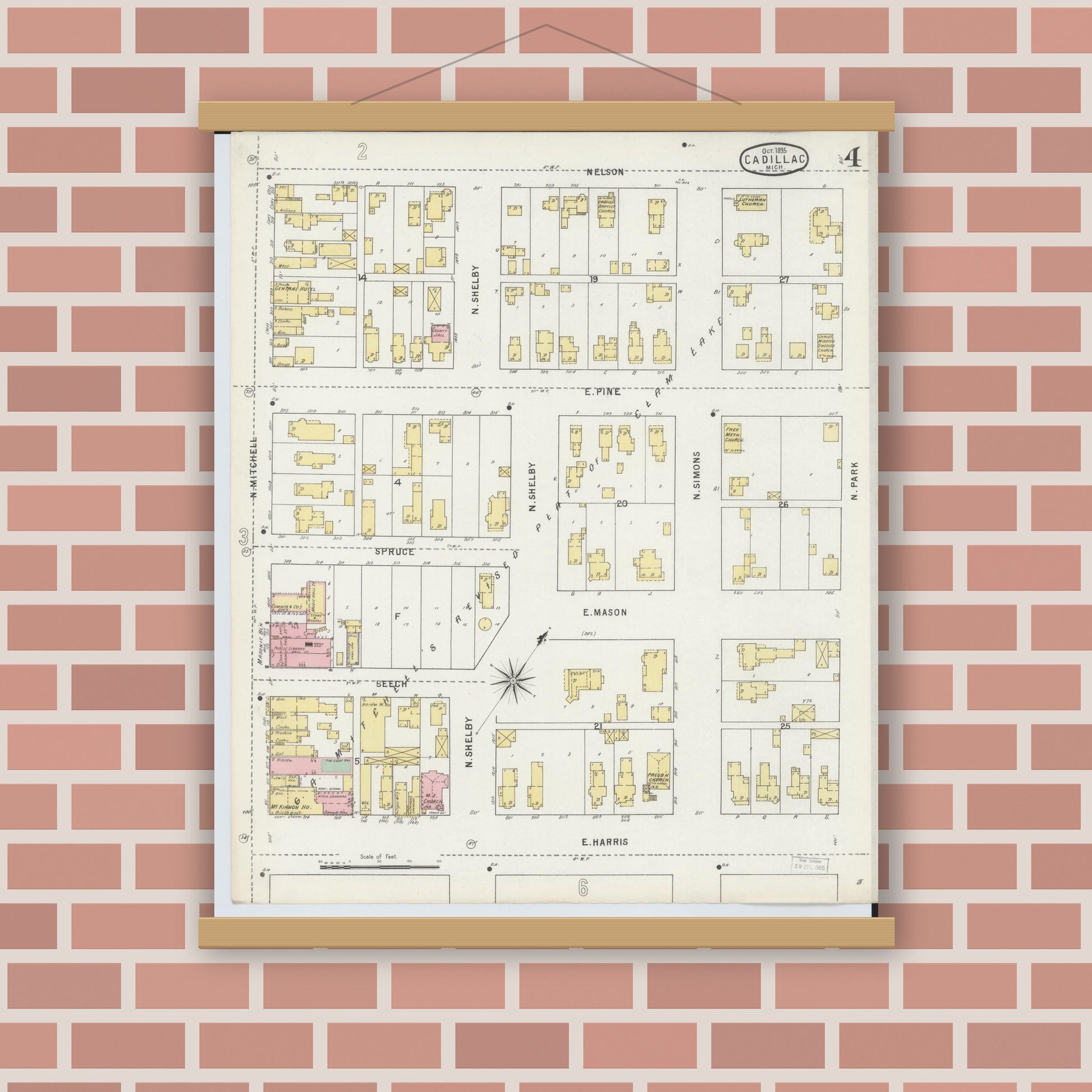 Old map wall art mockup — magnetic wood frame on brick wall — Sanborn Fire Insurance Map from Cadillac, Wexford County, Michigan (1895), Sheet #0004