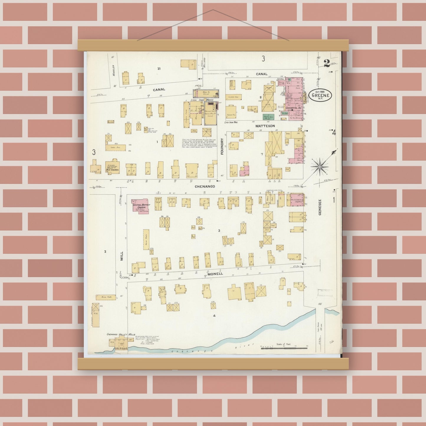 Old map wall art mockup — magnetic wood frame on brick wall — Sanborn Fire Insurance Map from Greene, Chenango County, New York (1908), Sheet #0002
