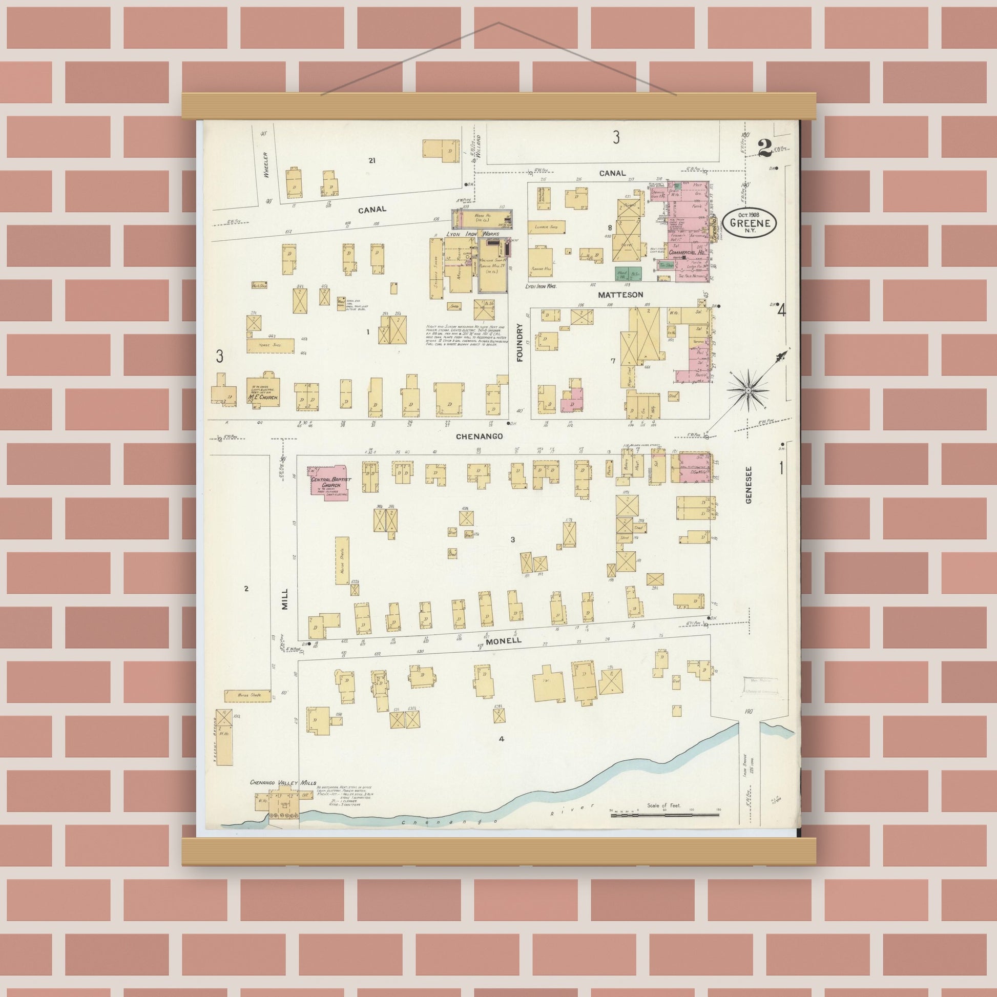 Old map wall art mockup — magnetic wood frame on brick wall — Sanborn Fire Insurance Map from Greene, Chenango County, New York (1908), Sheet #0002