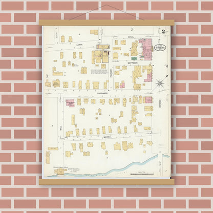 Old map wall art mockup — magnetic wood frame on brick wall — Sanborn Fire Insurance Map from Greene, Chenango County, New York (1908), Sheet #0002