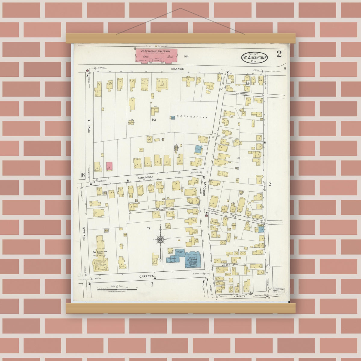 Old map wall art mockup — magnetic wood frame on brick wall — Sanborn Fire Insurance Map from Saint Augustine, Saint John's County, Florida (1917), Sheet #0002