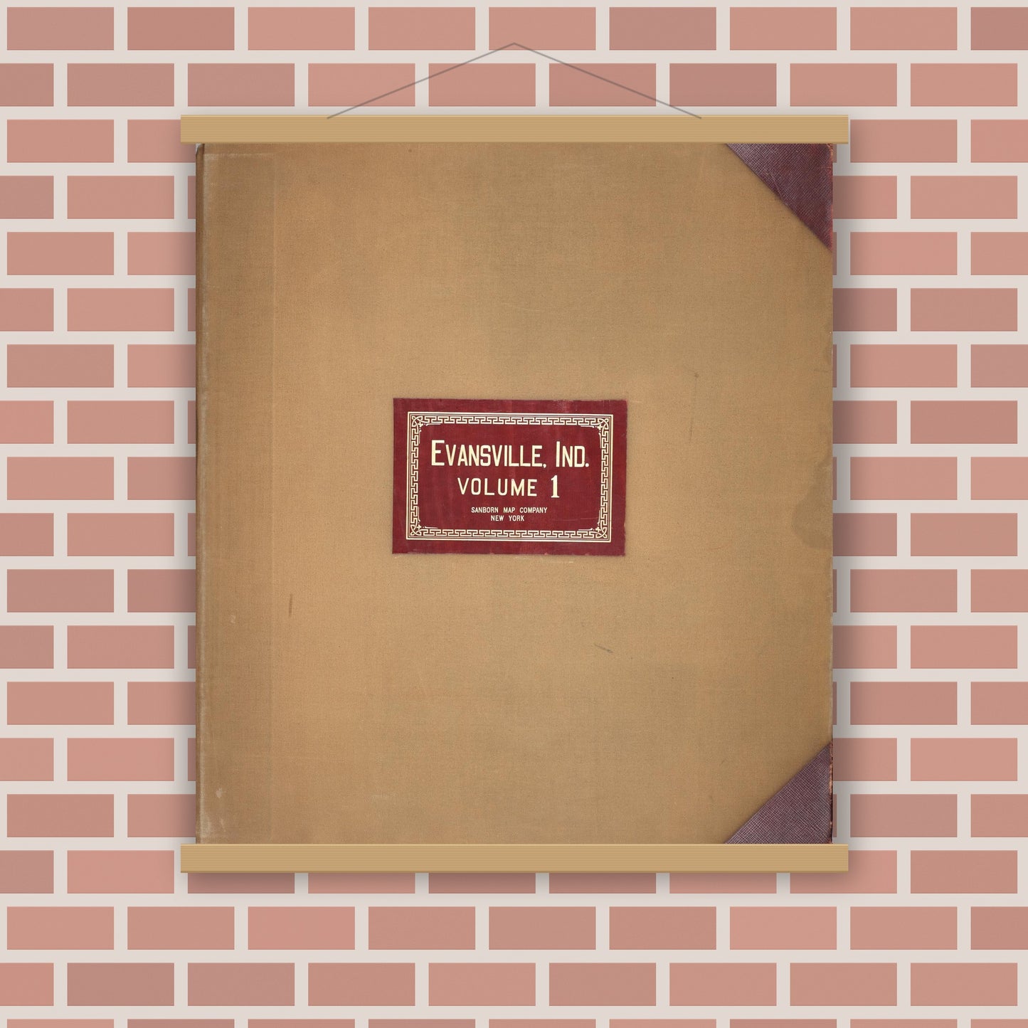 Old map wall art mockup — magnetic wood frame on brick wall — Sanborn Fire Insurance Map from Evansville, Vanderburgh County, Indiana (1962), Sheet #0001