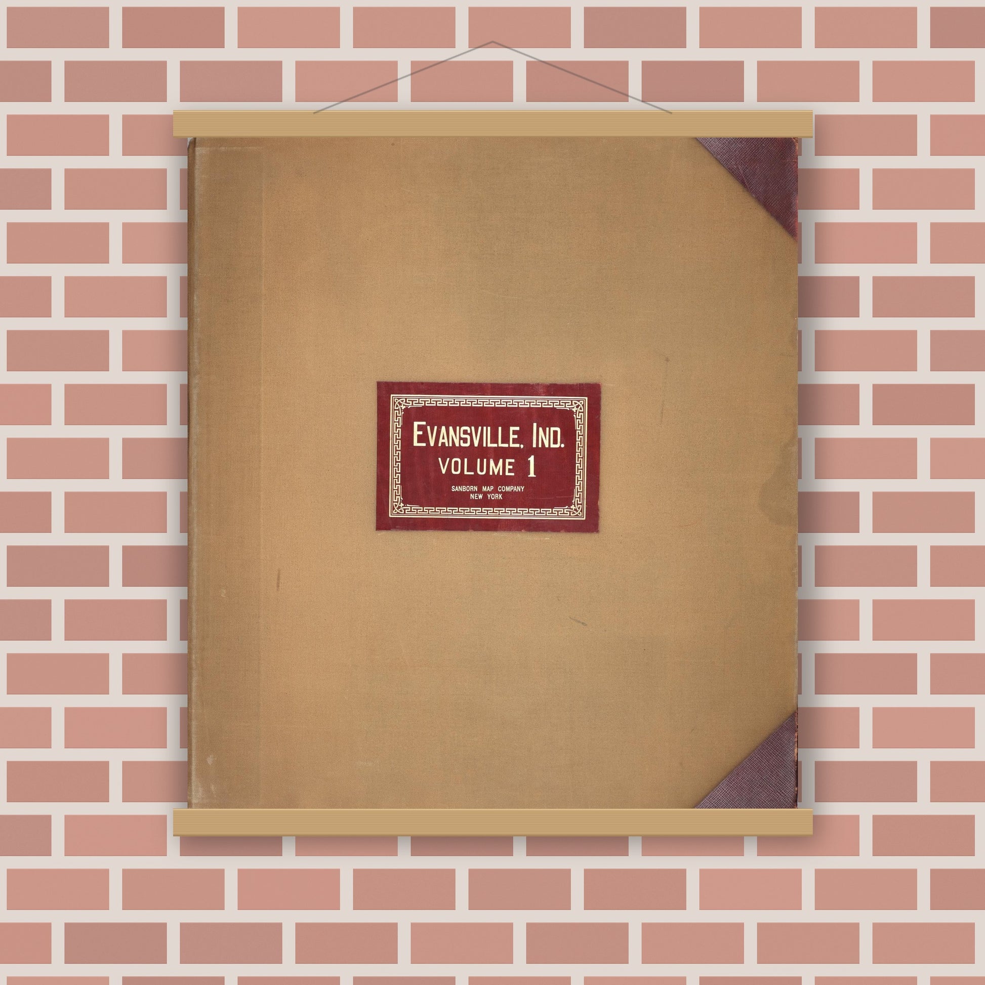 Old map wall art mockup — magnetic wood frame on brick wall — Sanborn Fire Insurance Map from Evansville, Vanderburgh County, Indiana (1962), Sheet #0001