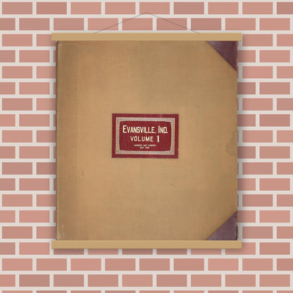 Old map wall art mockup — magnetic wood frame on brick wall — Sanborn Fire Insurance Map from Evansville, Vanderburgh County, Indiana (1962), Sheet #0001