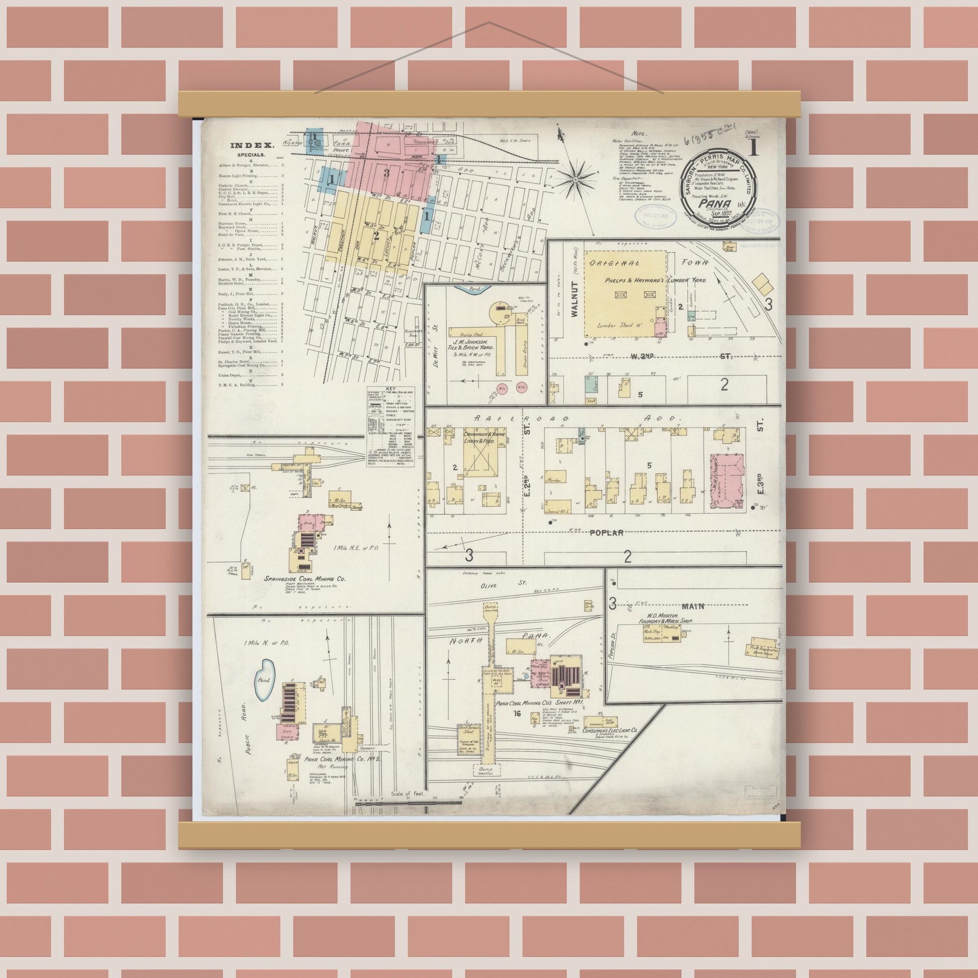 Old map wall art mockup — magnetic wood frame on brick wall — Sanborn Fire Insurance Map from Pana, Christian County, Illinois (1897) - Complete Map Set
