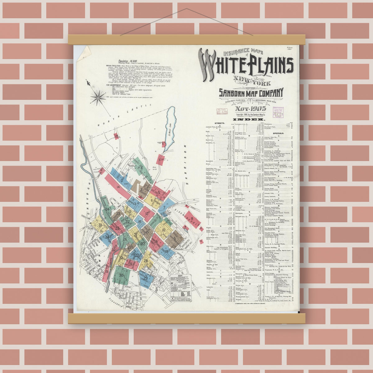 Old map wall art mockup — magnetic wood frame on brick wall — Sanborn Fire Insurance Map from White Plains, Westchester County, New York (1905) - Complete Map Set