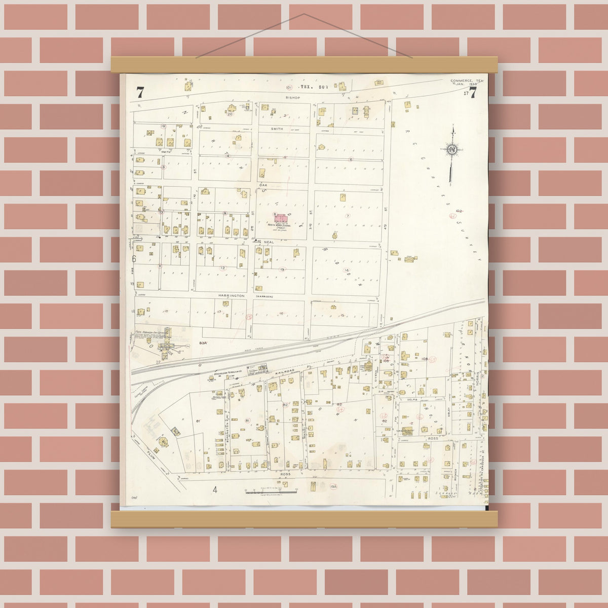 Old map wall art mockup — magnetic wood frame on brick wall — Sanborn Fire Insurance Map from Commerce, Hunt County, Texas (1940), Sheet #0007