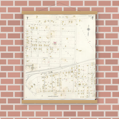 Old map wall art mockup — magnetic wood frame on brick wall — Sanborn Fire Insurance Map from Commerce, Hunt County, Texas (1940), Sheet #0007