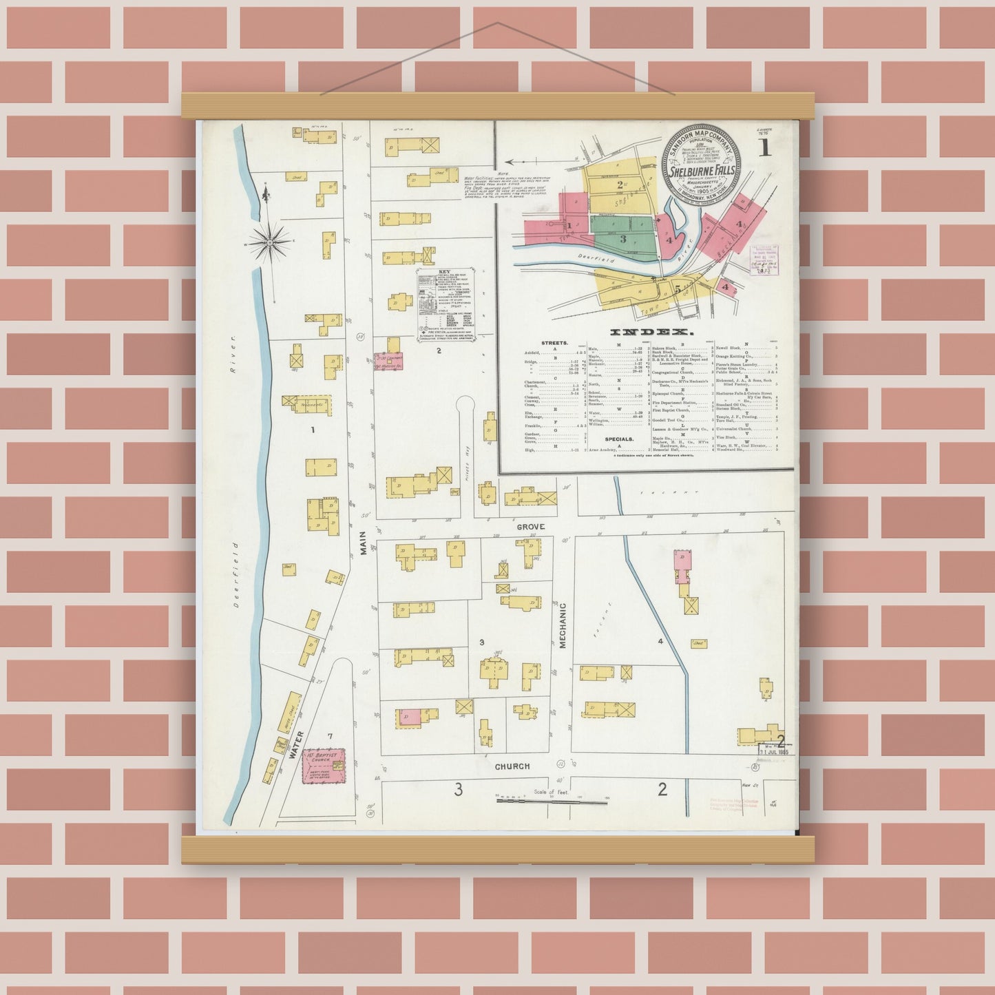 Old map wall art mockup — magnetic wood frame on brick wall — Sanborn Fire Insurance Map from Shelburne Falls, Franklin County, Massachusetts (1905), Sheet #0001
