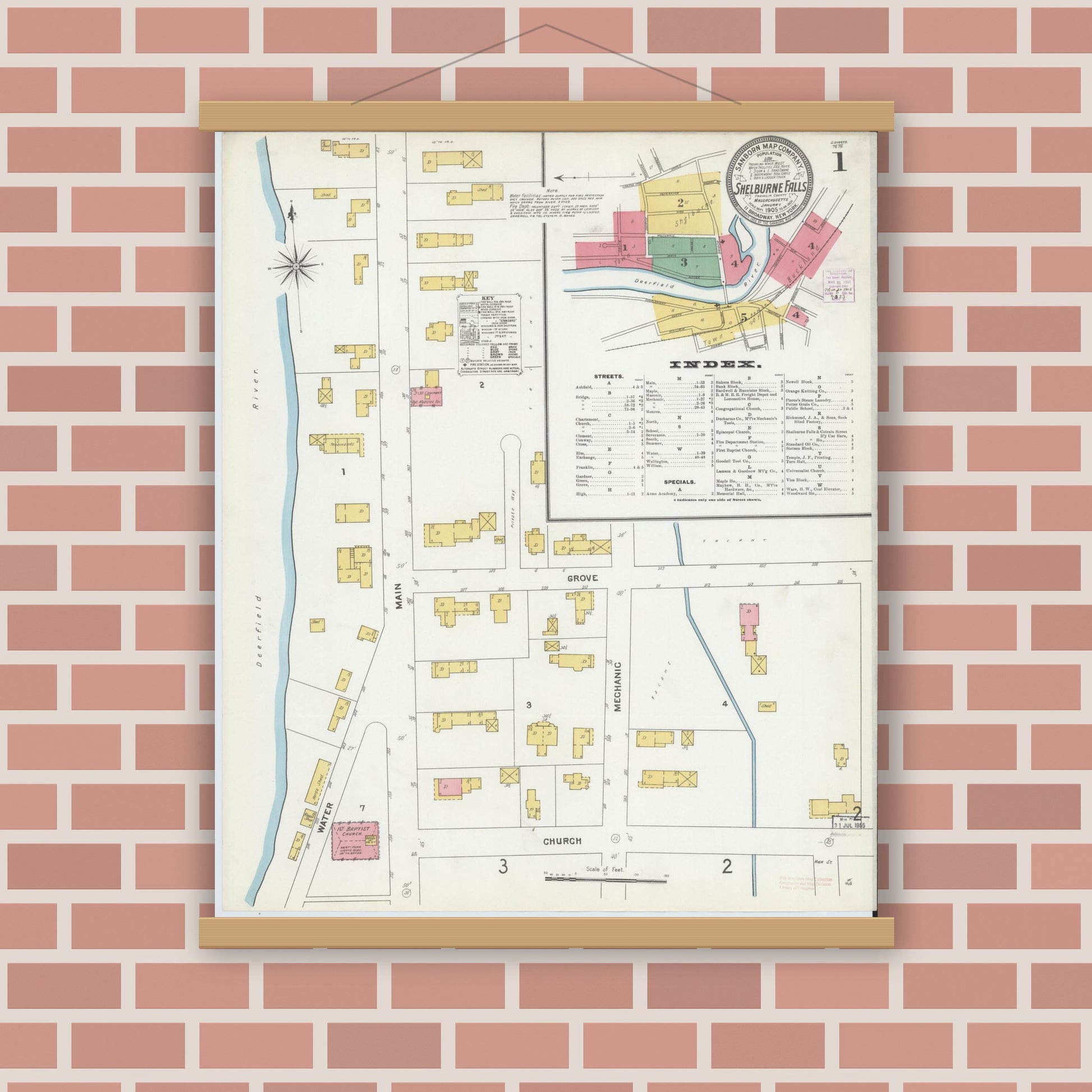 Old map wall art mockup — magnetic wood frame on brick wall — Sanborn Fire Insurance Map from Shelburne Falls, Franklin County, Massachusetts (1905), Sheet #0001