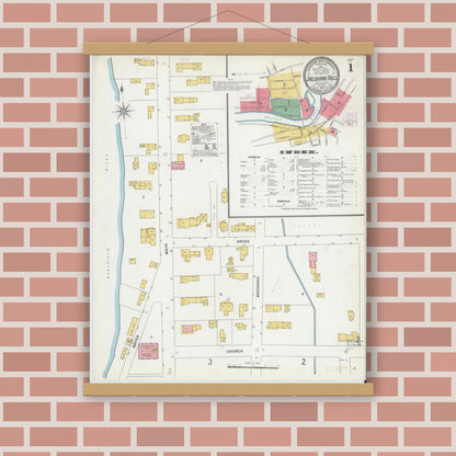 Old map wall art mockup — magnetic wood frame on brick wall — Sanborn Fire Insurance Map from Shelburne Falls, Franklin County, Massachusetts (1905), Sheet #0001