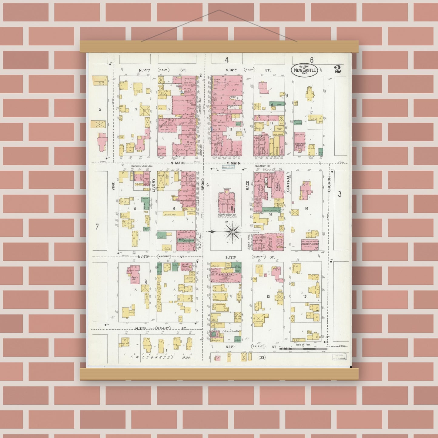 Old map wall art mockup — magnetic wood frame on brick wall — Sanborn Fire Insurance Map from New Castle, Henry County, Indiana (1901), Sheet #0002
