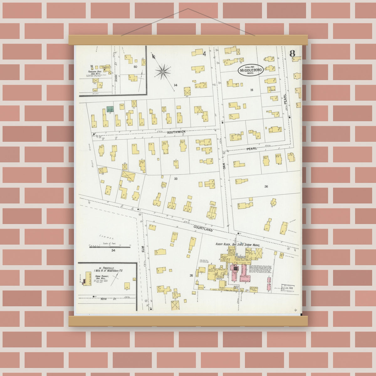Old map wall art mockup — magnetic wood frame on brick wall — Sanborn Fire Insurance Map from Middleboro, Plymouth County, Massachusetts (1901), Sheet #0008